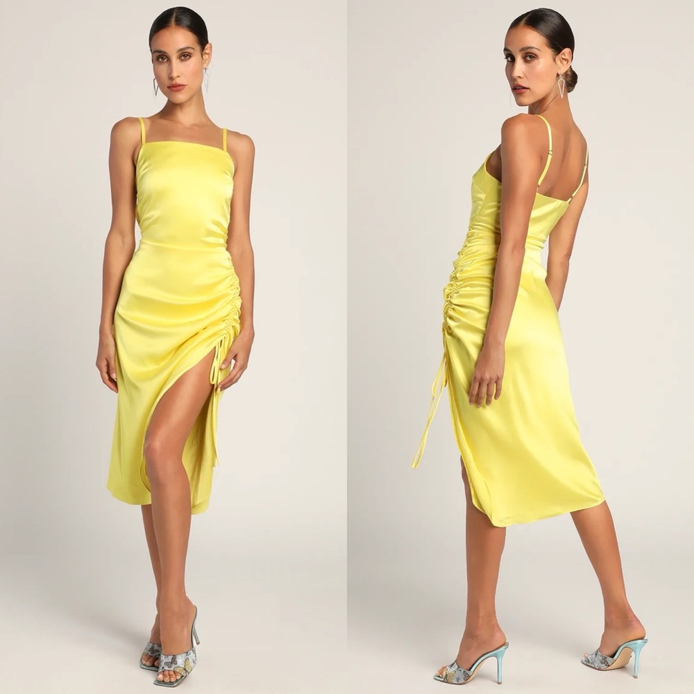 Lulus | Bonafide Babe Yellow Satin Sleeveless Ruched Midi Dress